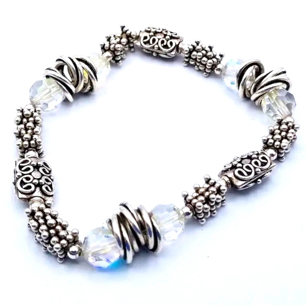 Chunky 925 Art Prism Glass Beaded Bracelet Heavy Clear 28 grams Vintage